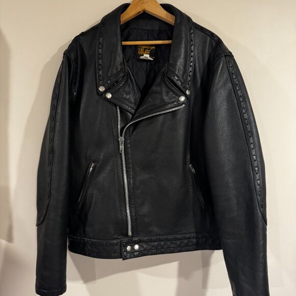 Vintage 1980s Wolff of Canada Motorcycle Biker Laced Leather Jacket Sz 48 Large - Picture 1 of 12